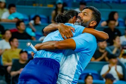 India’s Rohan Bopanna and Rutuja Sampatrao Bhosale celebrate after winning mixed doubles gold at the Asian Games 2023