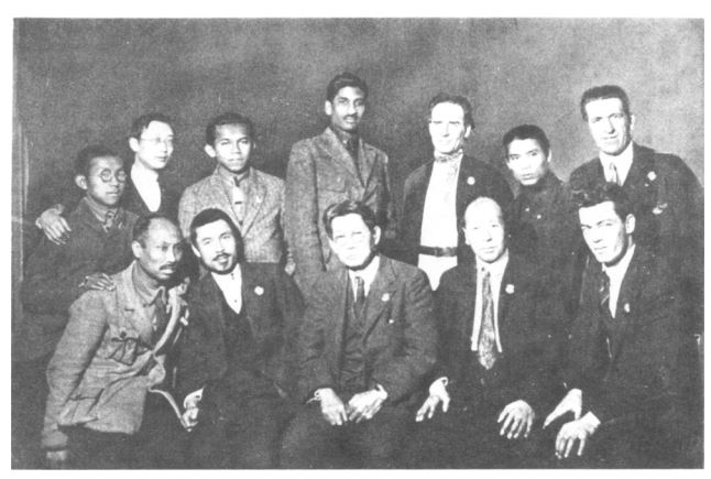 Asian delegates to the Comintern Congress, Moscow, November-December 1922. Standing: third from left, Tan Malaka; sixth from left, M.N.
Roy. Sitting:first from left, Ho Chi Minh; third from left, Katayama Sen. 