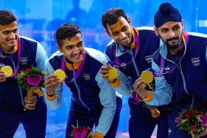 India’s Saurav Ghosal, Abhay Singh, Mahesh Mangaonkar and Harinder Pal Sandhu won the gold medal in the men’s team event at the 19th Asian Games.